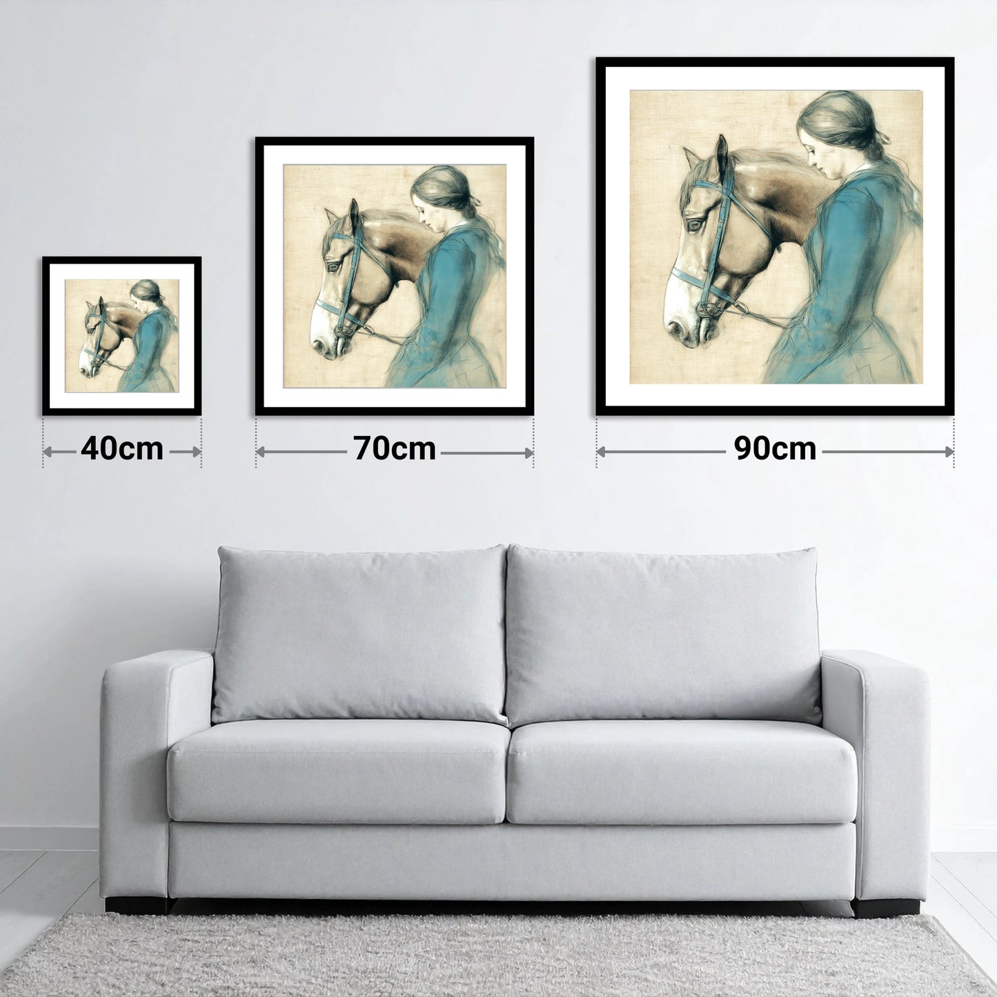 The Silent Bond - size guide showing 40cm, 70cm and 90cm art prints