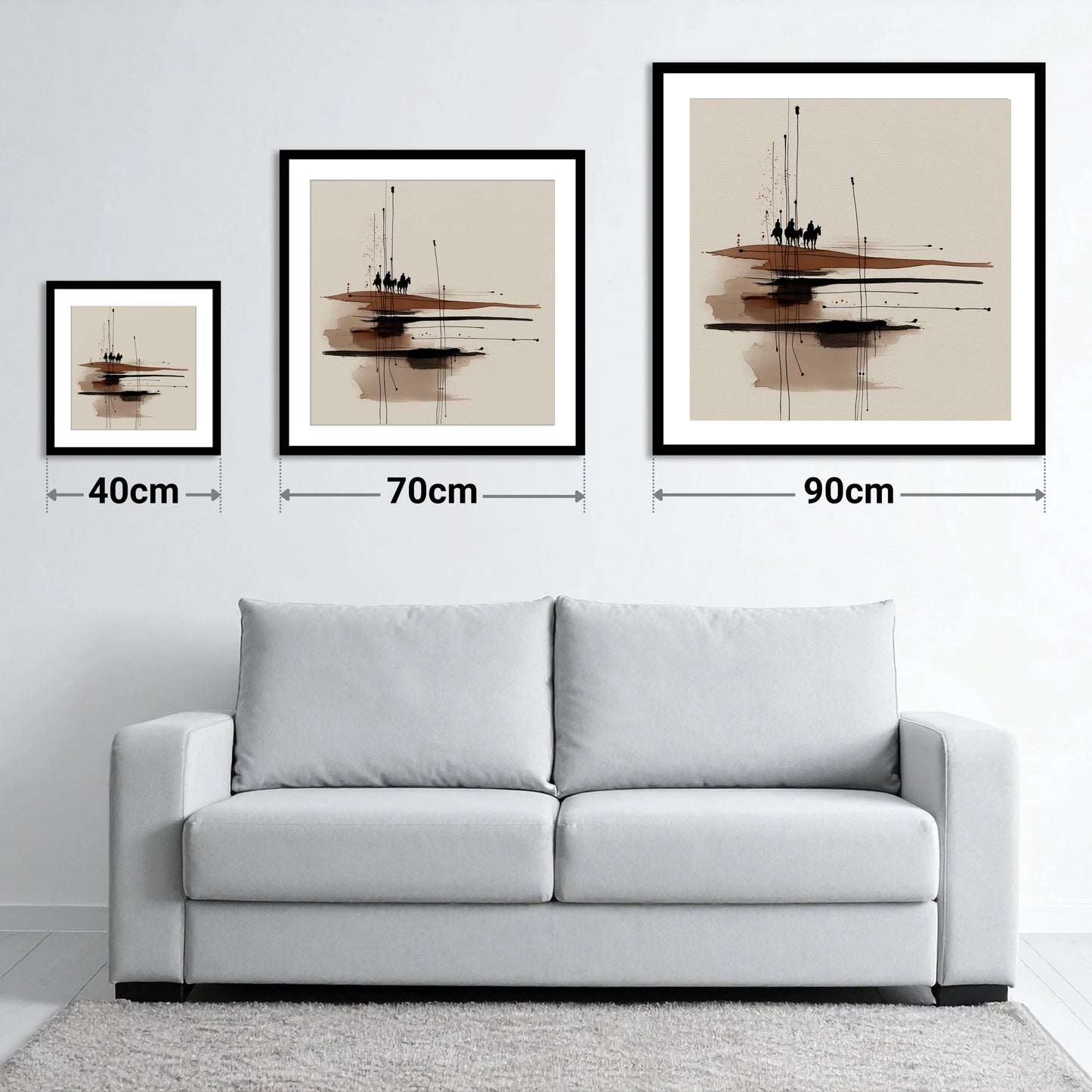 Distant Horizon Riders - size guide showing 40cm, 70cm and 90cm art prints