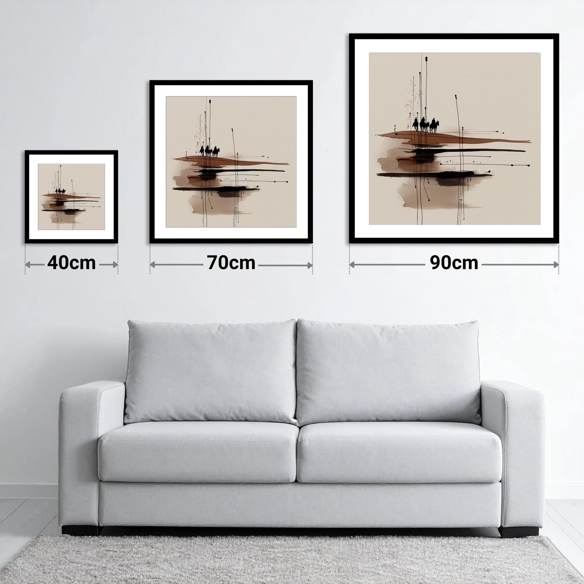 Distant Horizon Riders - size guide showing 40cm, 70cm and 90cm art prints