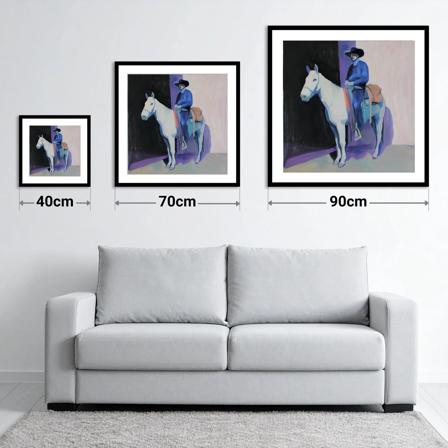 The Indigo Rider - size guide showing 40cm, 70cm and 90cm art prints