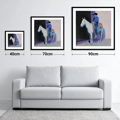 The Indigo Rider - size guide showing 40cm, 70cm and 90cm art prints