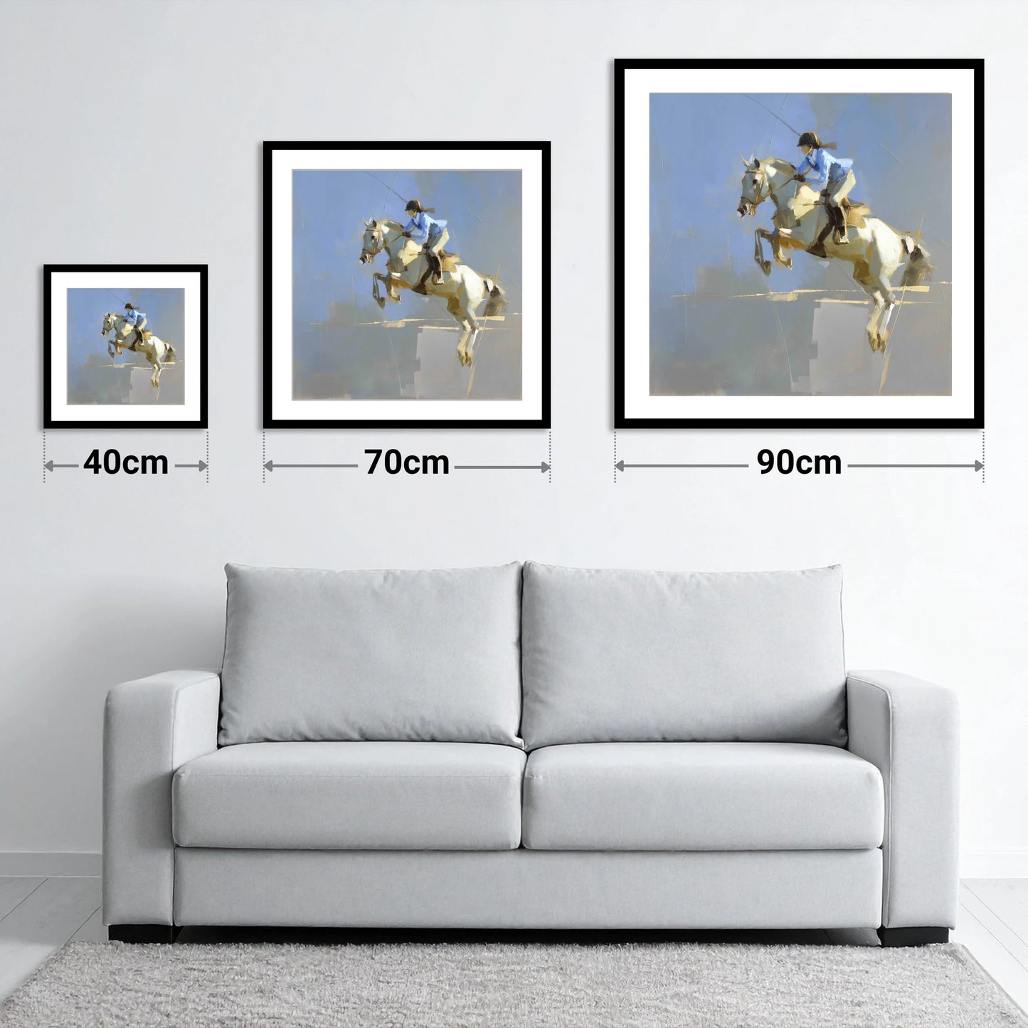 Soaring in Slate - size guide showing 40cm, 70cm and 90cm art prints