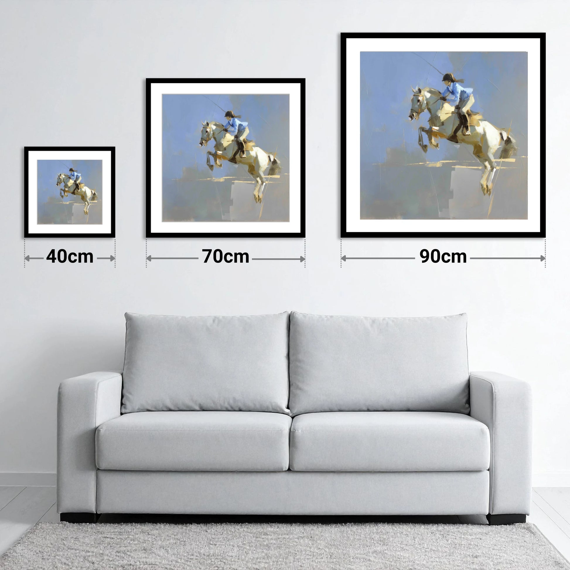 Soaring in Slate - size guide showing 40cm, 70cm and 90cm art prints