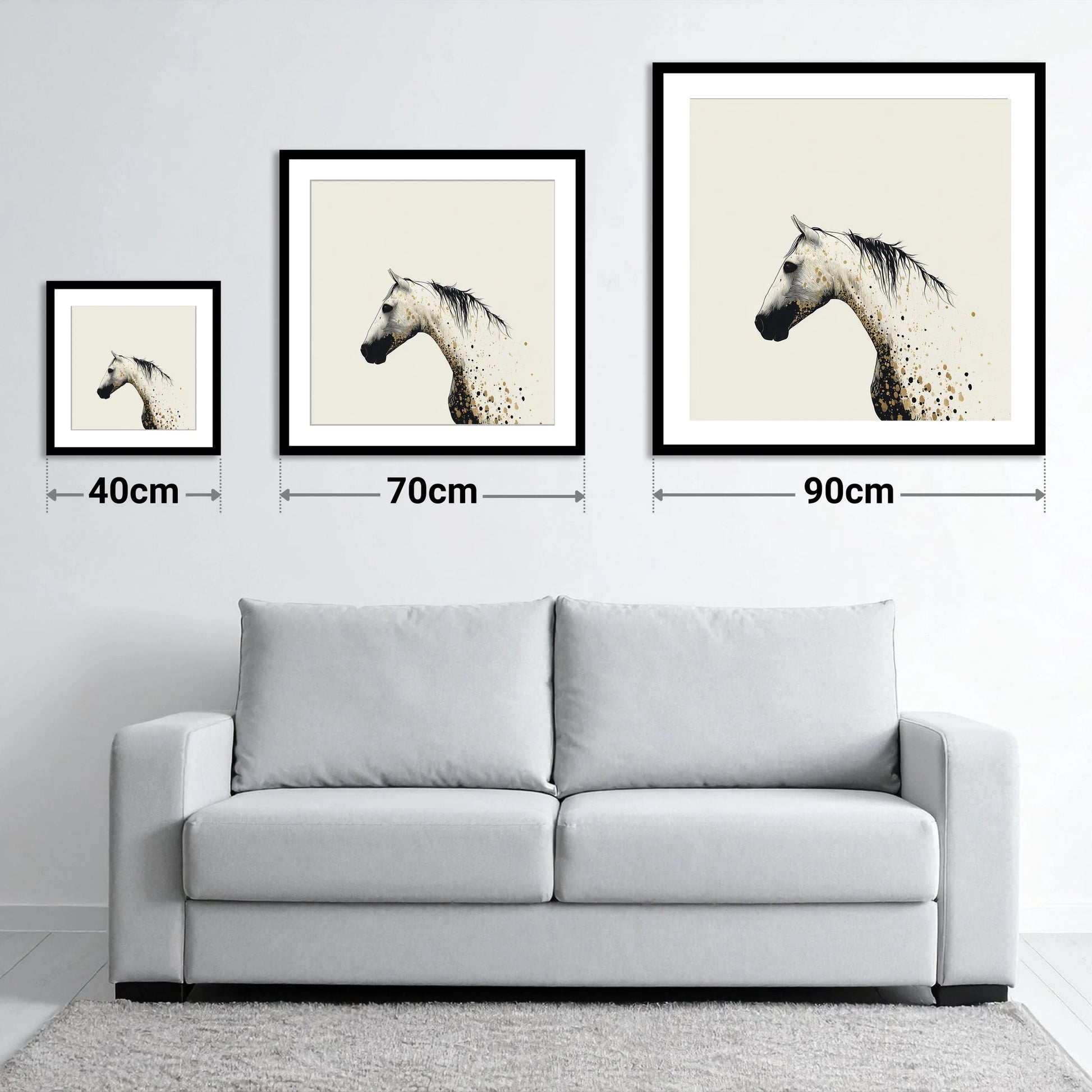 Gilded Ink Equine Profile - size guide showing 40cm, 70cm and 90cm art prints