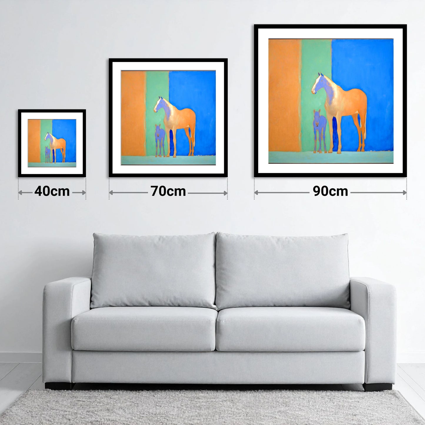 Cobalt and Sand - size guide showing 40cm, 70cm and 90cm art prints