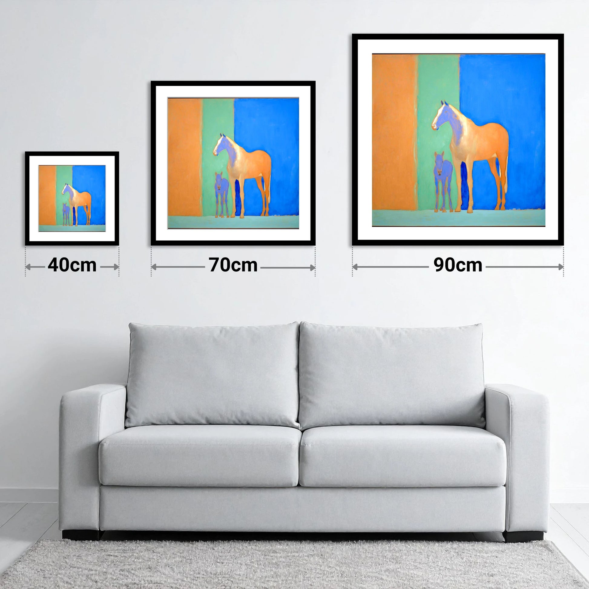 Cobalt and Sand - size guide showing 40cm, 70cm and 90cm art prints