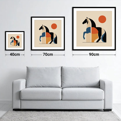 Mid-Century Equine Geometry - size guide showing 40cm, 70cm and 90cm art prints