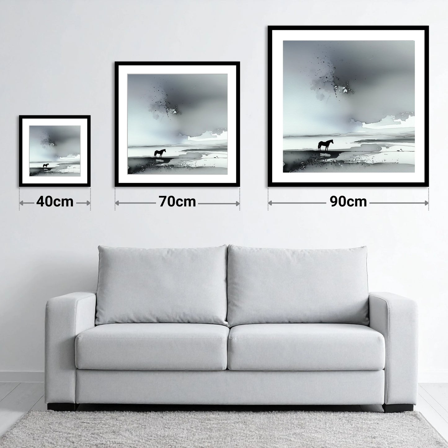 Solitary Horizon - size guide showing 40cm, 70cm and 90cm art prints