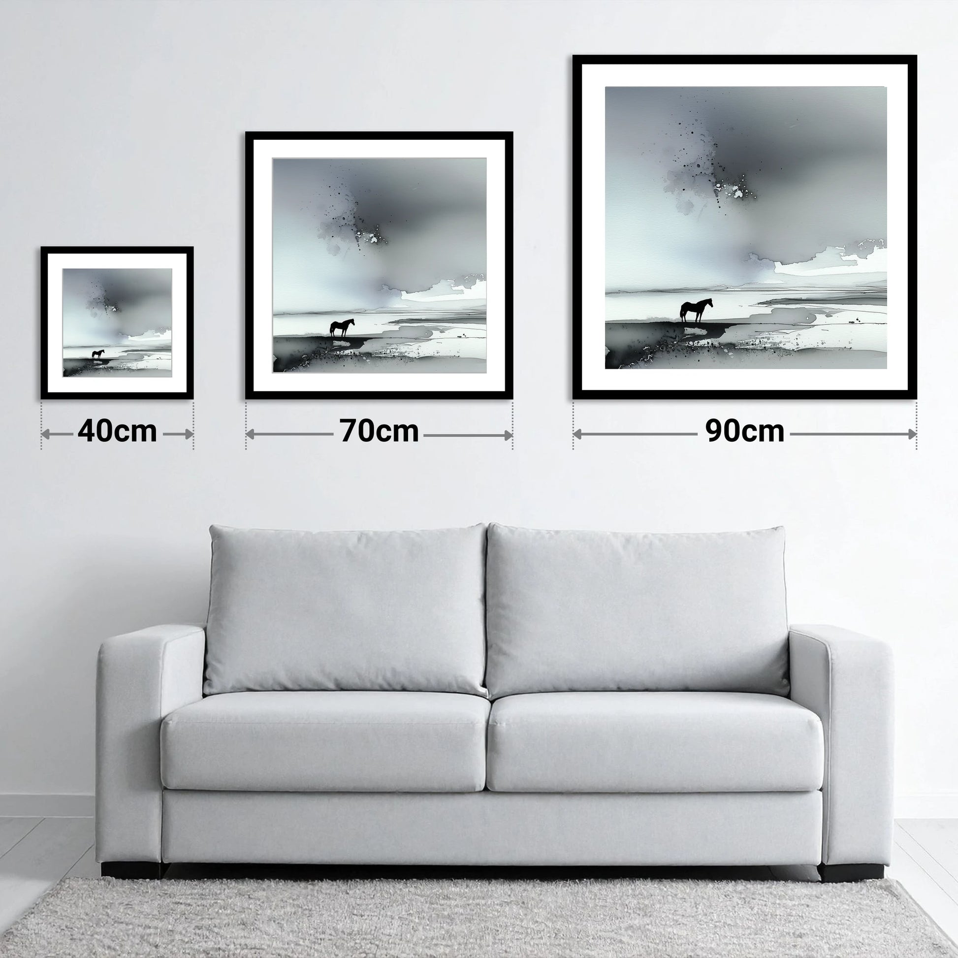 Solitary Horizon - size guide showing 40cm, 70cm and 90cm art prints