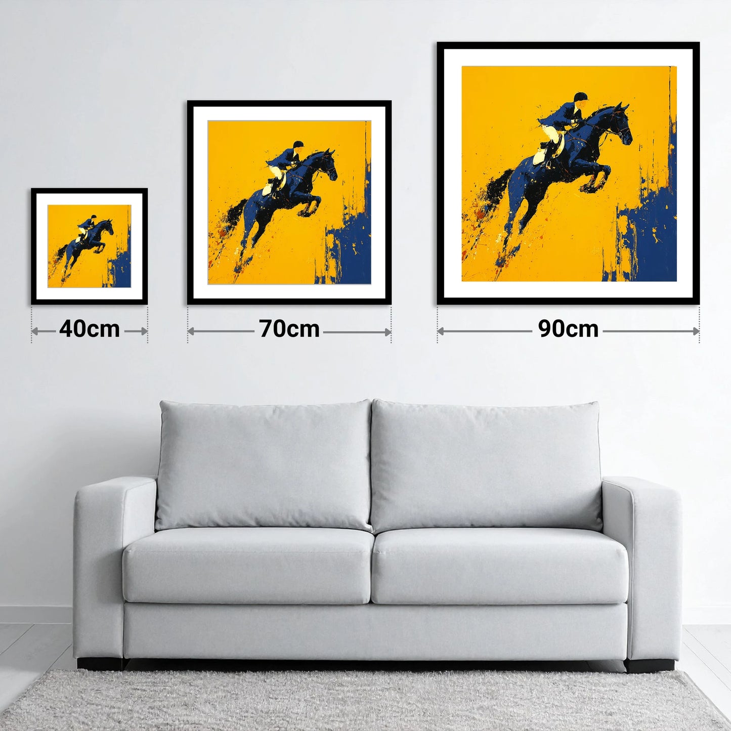 Airborne Over Gold - size guide showing 40cm, 70cm and 90cm art prints