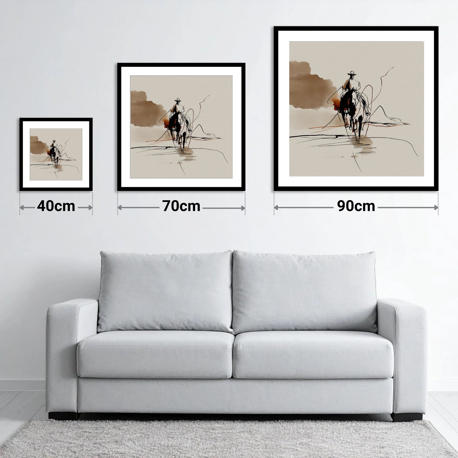 The Lone Rider - size guide showing 40cm, 70cm and 90cm art prints