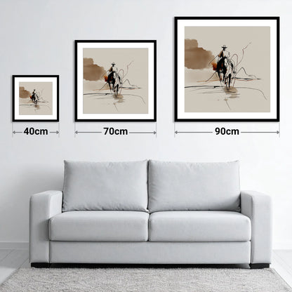 The Lone Rider - size guide showing 40cm, 70cm and 90cm art prints