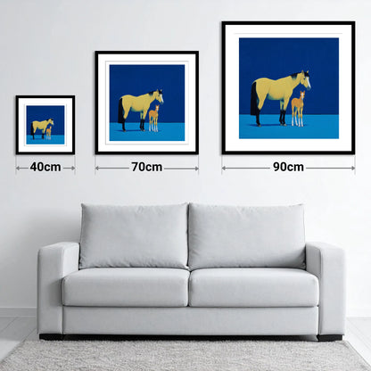 Striking Bonds in Blue - size guide showing 40cm, 70cm and 90cm art prints