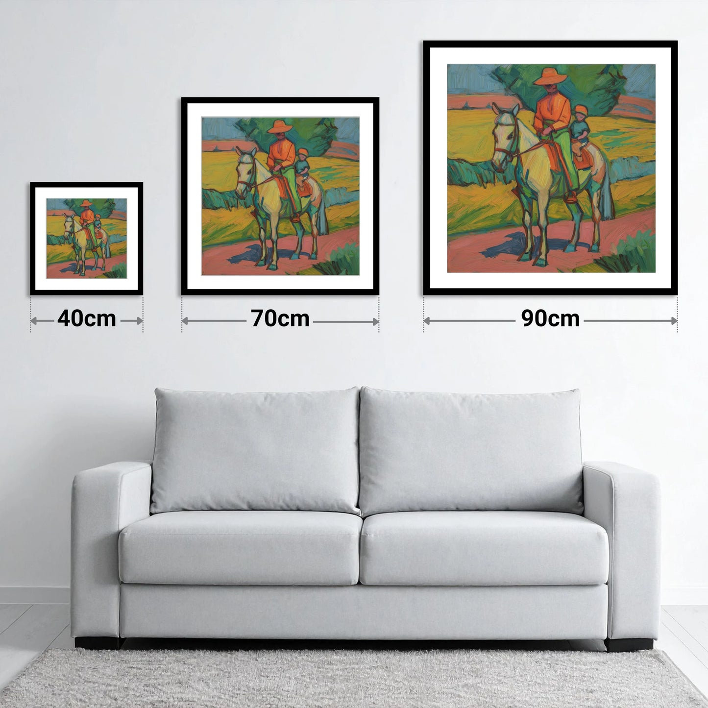 Vivid Summer Companion - size guide showing 40cm, 70cm and 90cm art prints