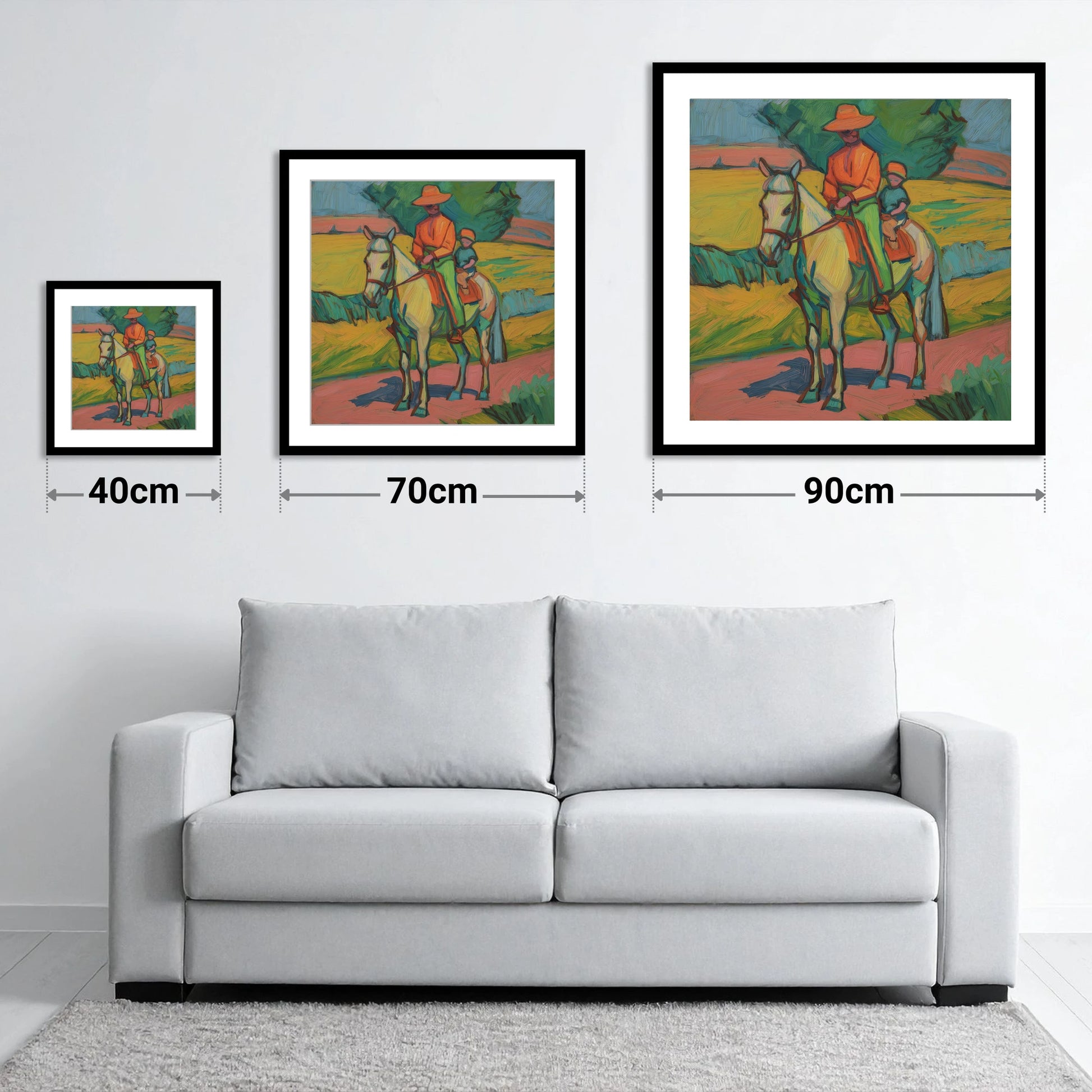 Vivid Summer Companion - size guide showing 40cm, 70cm and 90cm art prints
