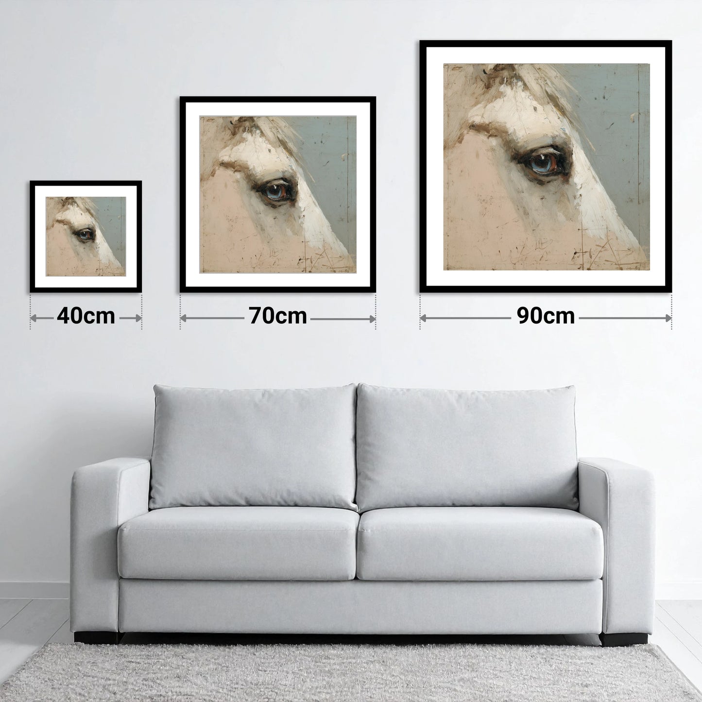 The Watchful Grey - size guide showing 40cm, 70cm and 90cm art prints