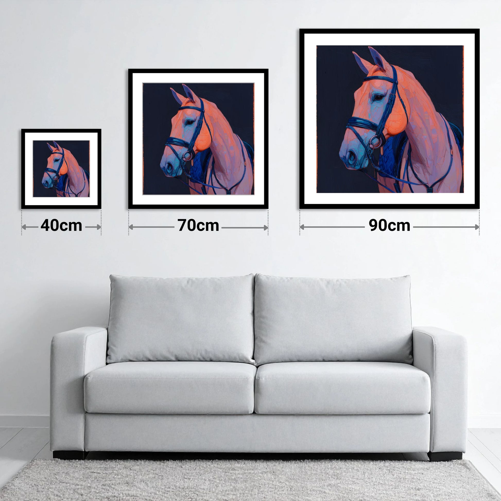 Midnight and Peach Profile - size guide showing 40cm, 70cm and 90cm art prints