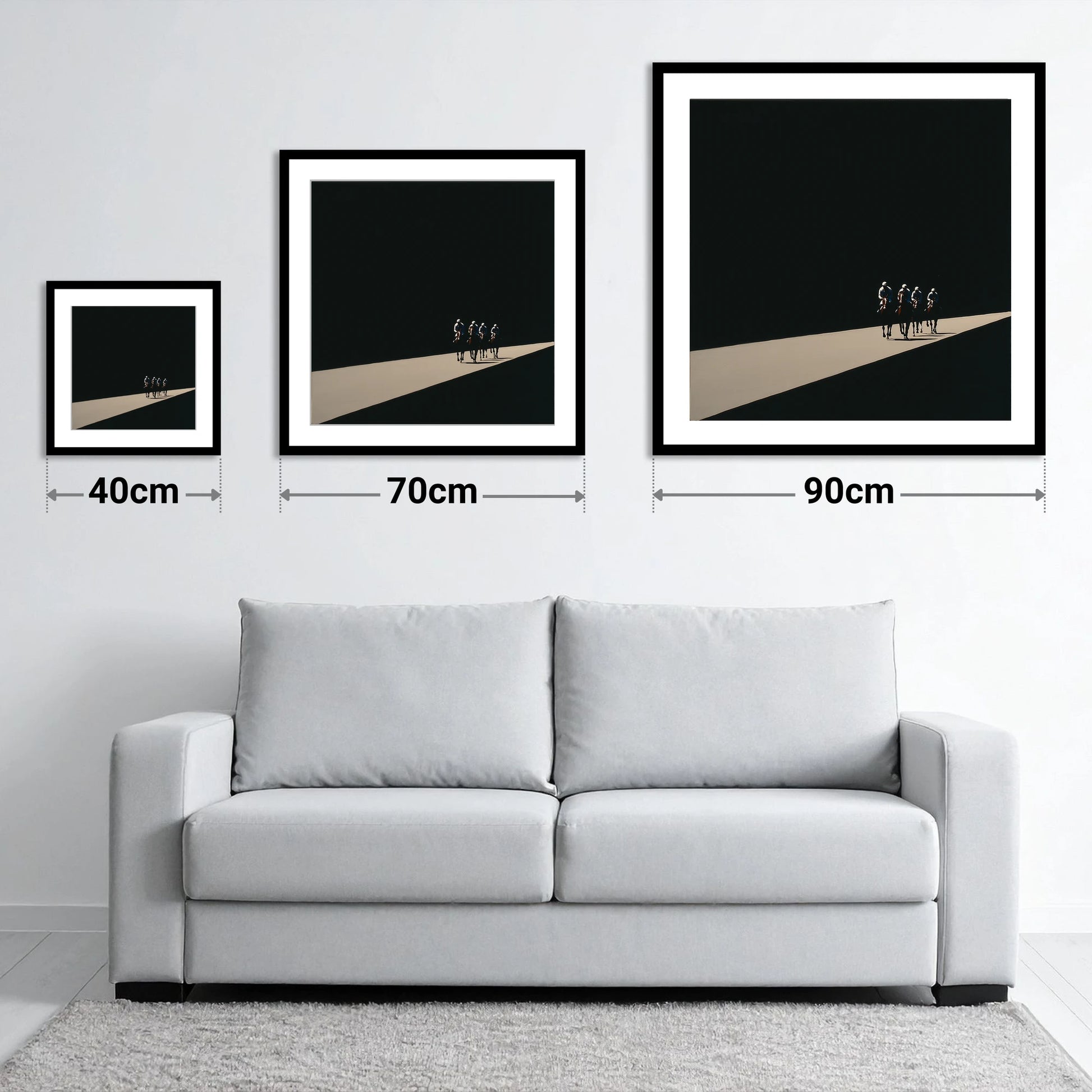 Out of the Shadows - size guide showing 40cm, 70cm and 90cm art prints