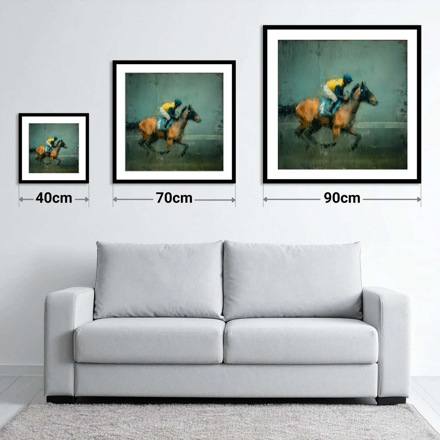 Out of the Shadows - size guide showing 40cm, 70cm and 90cm art prints