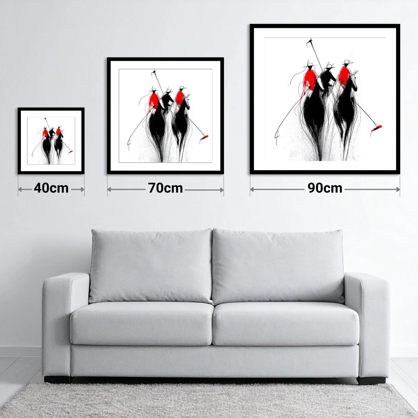 The Crimson Charge - size guide showing 40cm, 70cm and 90cm art prints
