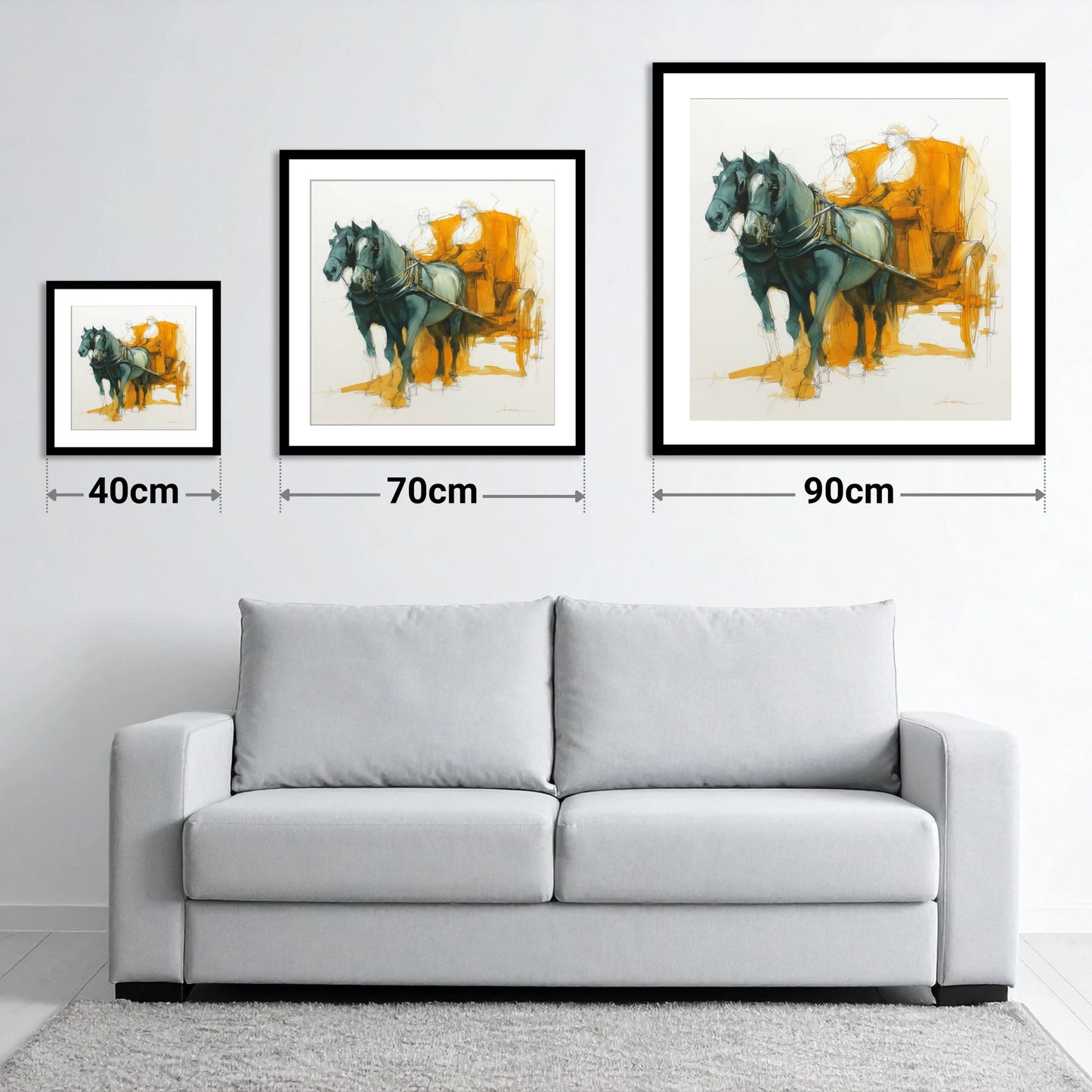 The Amber Carriage Pair - size guide showing 40cm, 70cm and 90cm art prints