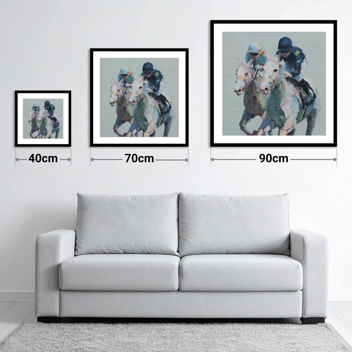 The Final Furlong - size guide showing 40cm, 70cm and 90cm art prints