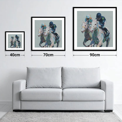 The Final Furlong - size guide showing 40cm, 70cm and 90cm art prints