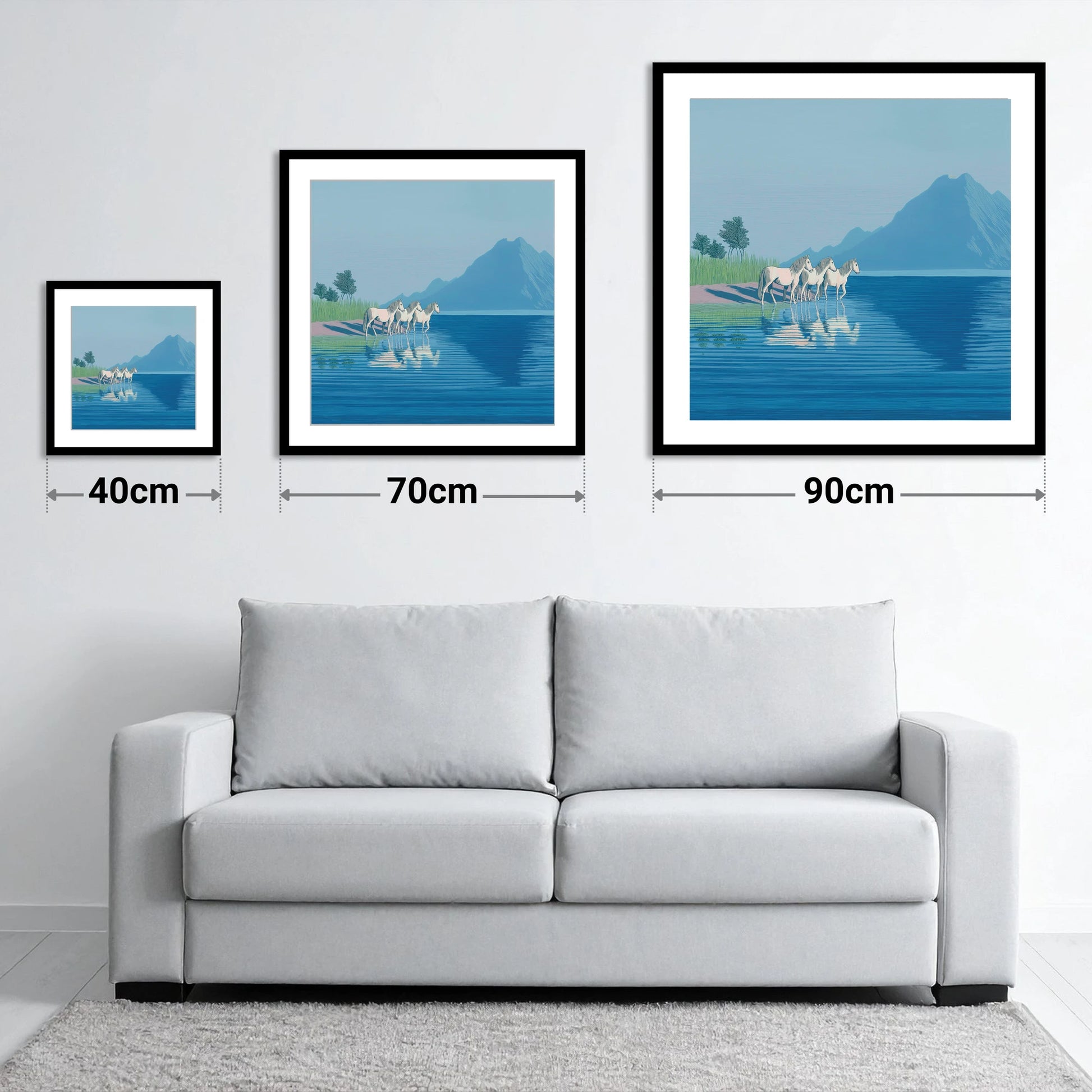 Reflections in Azure - size guide showing 40cm, 70cm and 90cm art prints