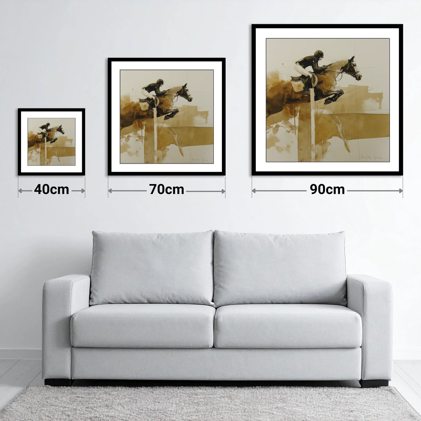 The Perfect Bascule - size guide showing 40cm, 70cm and 90cm art prints