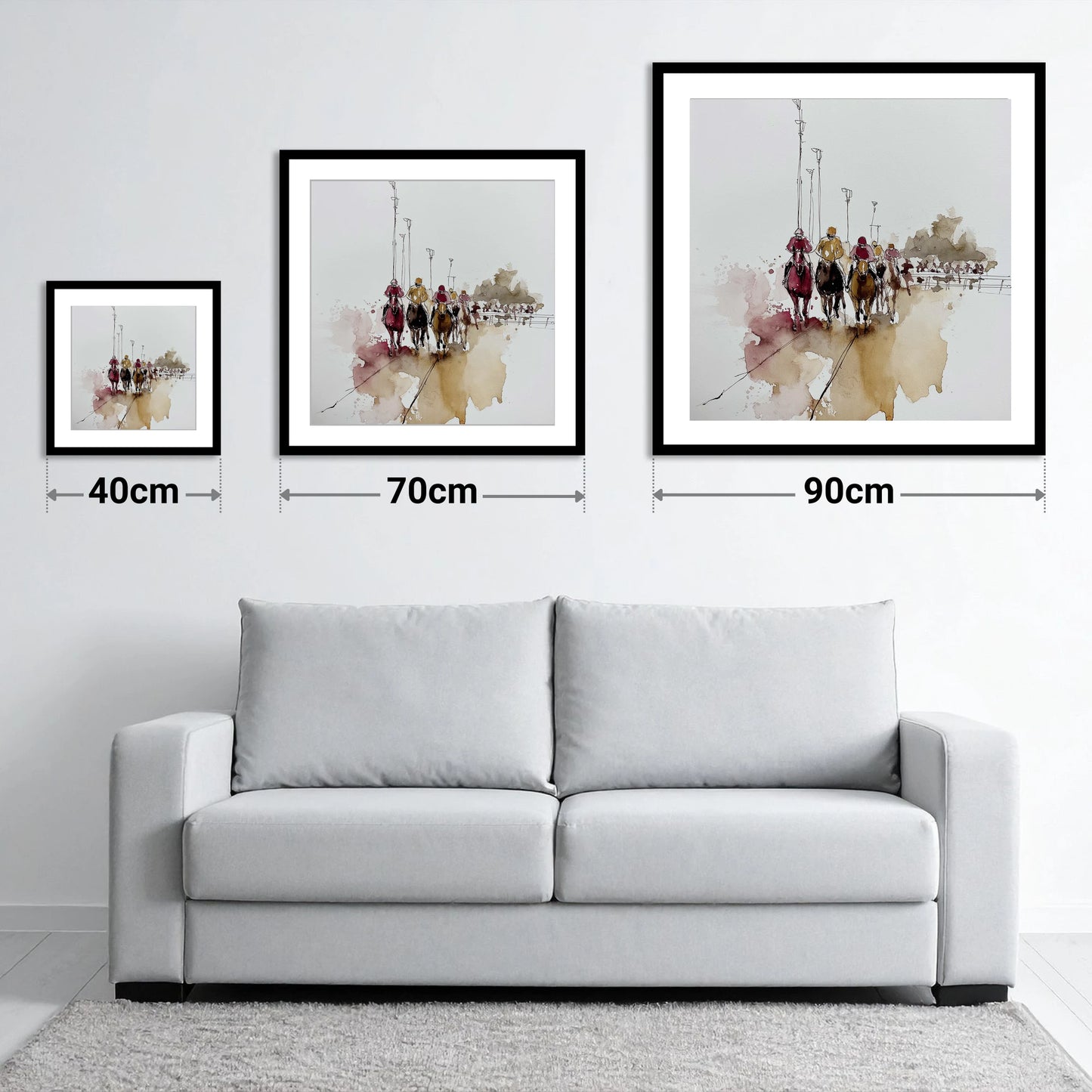 The Final Furlong - size guide showing 40cm, 70cm and 90cm art prints
