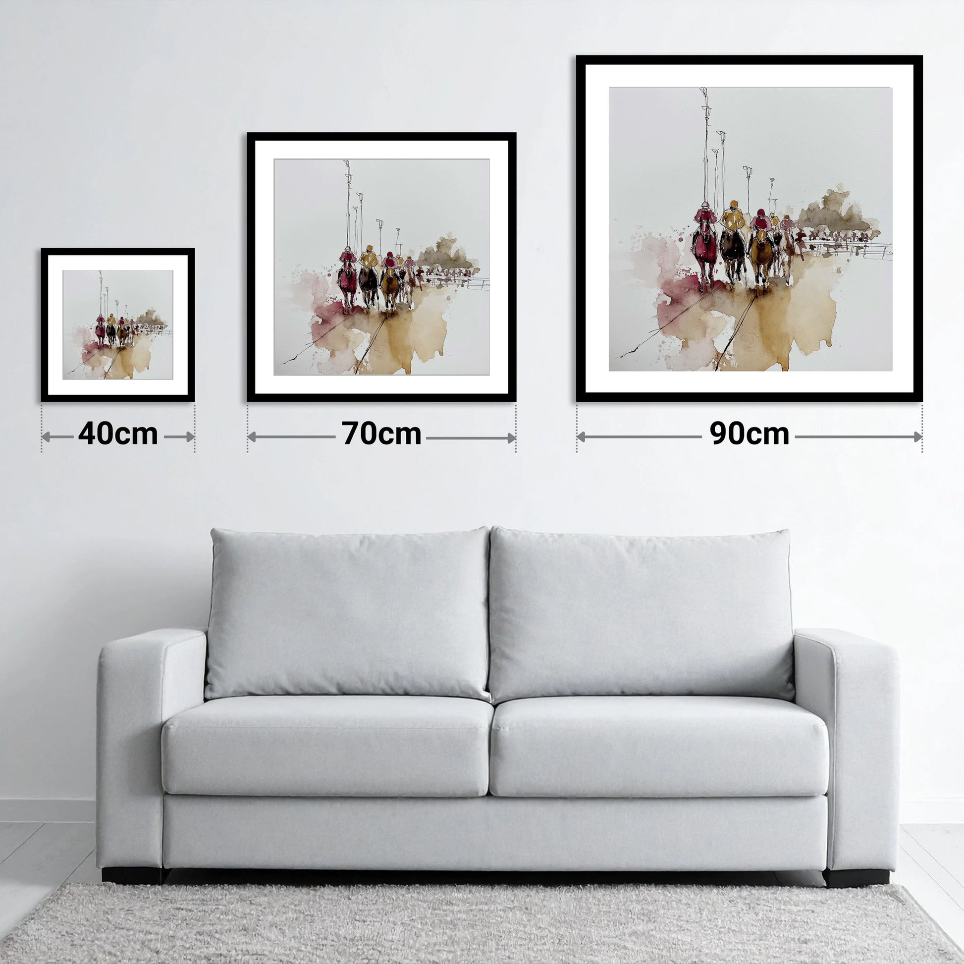 The Final Furlong - size guide showing 40cm, 70cm and 90cm art prints