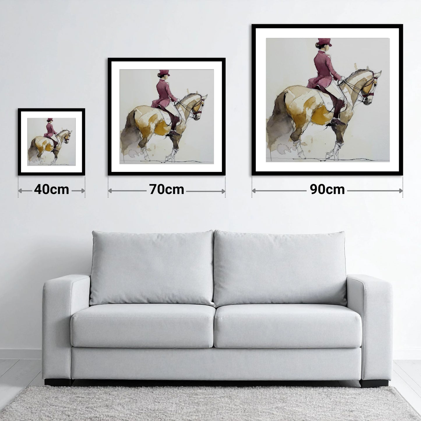 Classical Dressage Poise - size guide showing 40cm, 70cm and 90cm art prints
