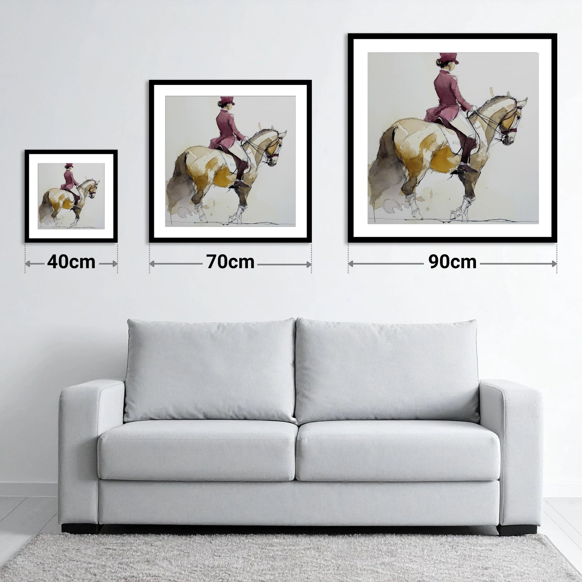Classical Dressage Poise - size guide showing 40cm, 70cm and 90cm art prints