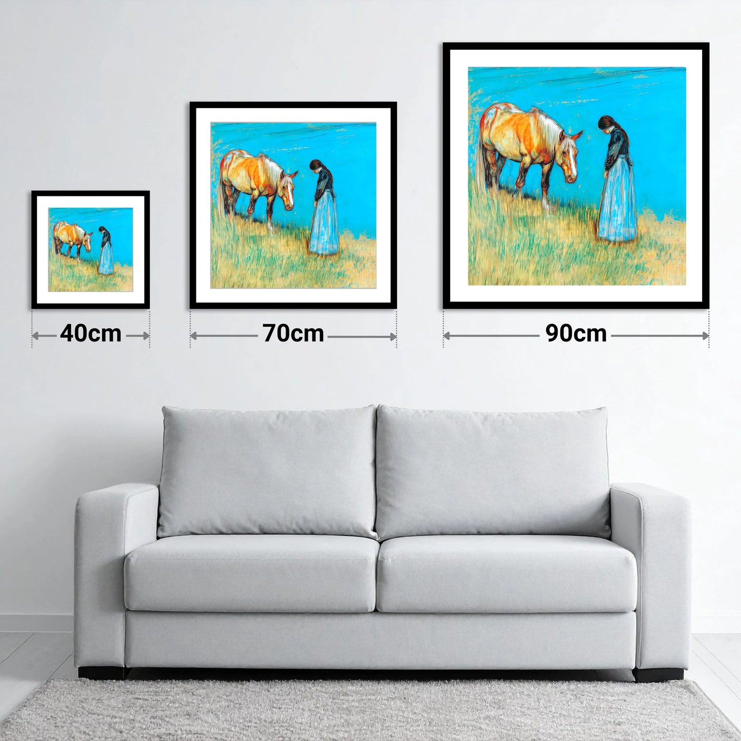 Cerulean Bond - size guide showing 40cm, 70cm and 90cm art prints