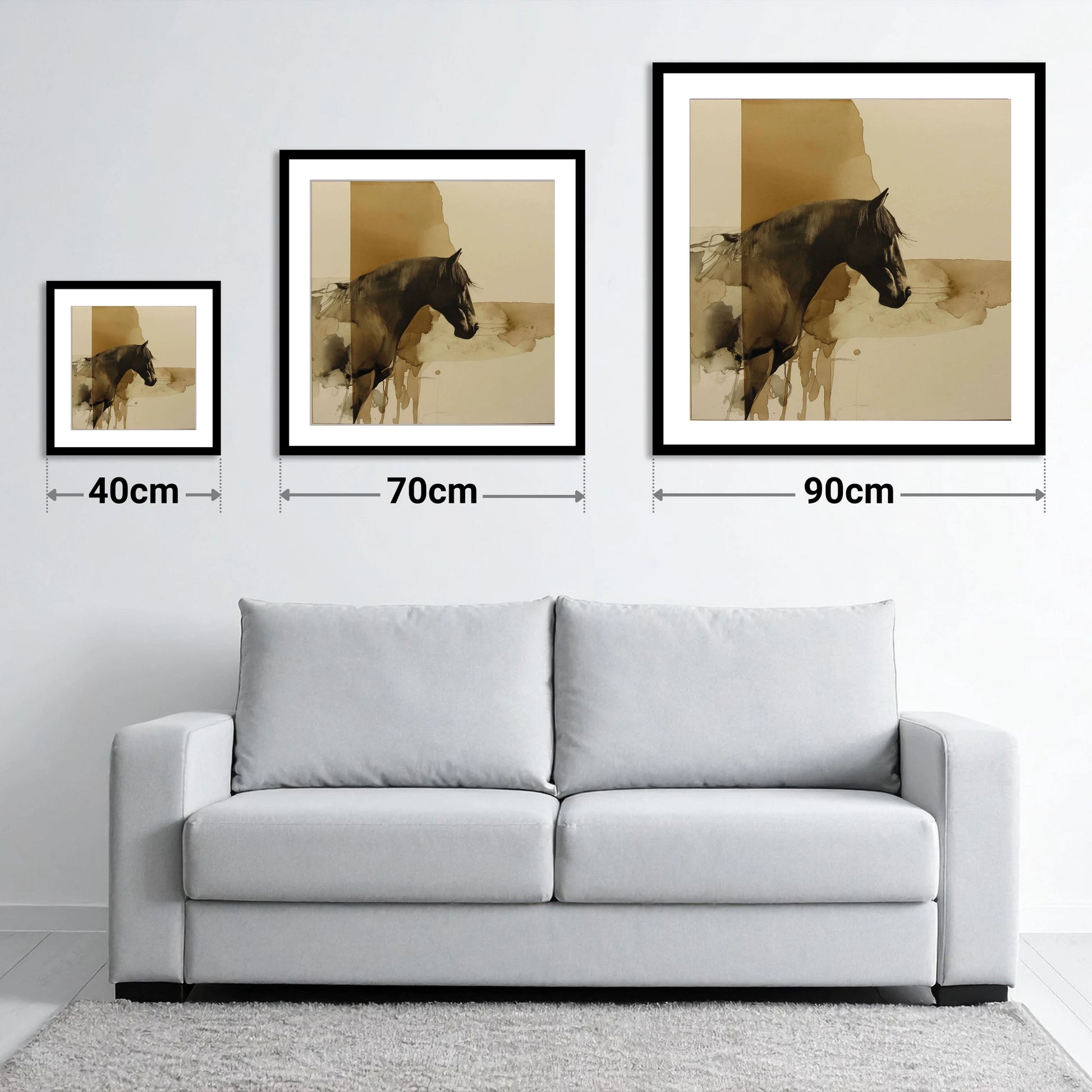 Sepia Silhouette - size guide showing 40cm, 70cm and 90cm art prints