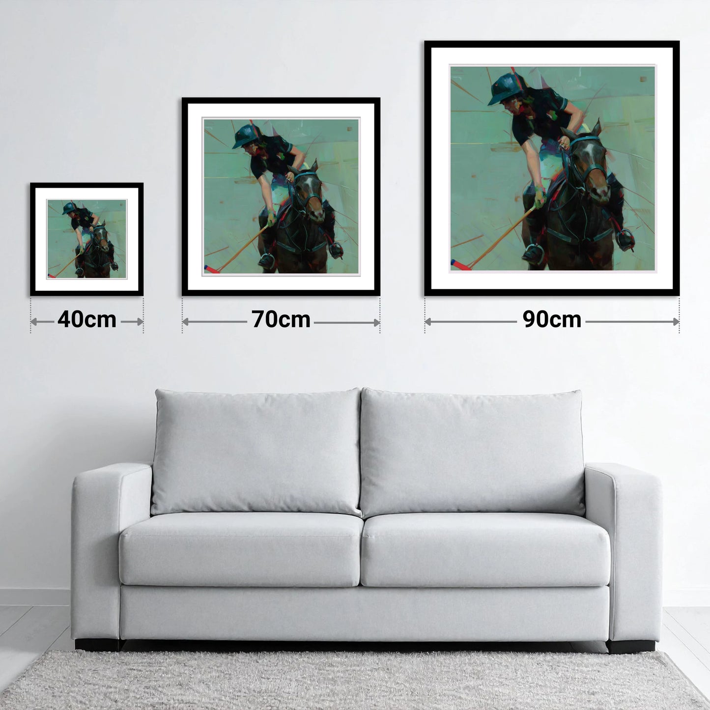 Mid-Match Focus - size guide showing 40cm, 70cm and 90cm art prints