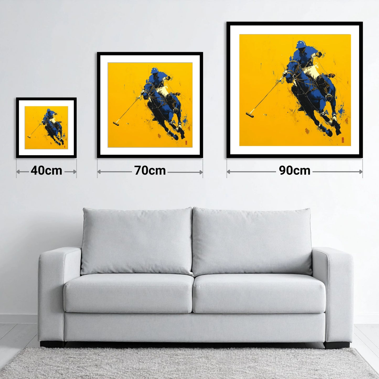 Cobalt Chukka - size guide showing 40cm, 70cm and 90cm art prints