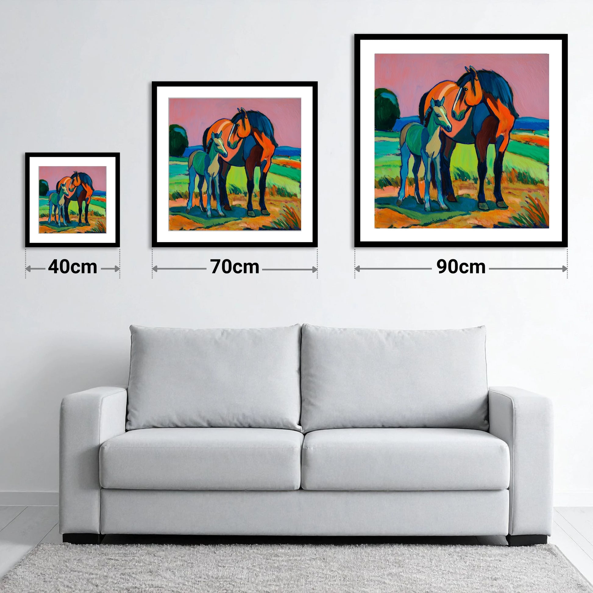 Vivid Bonds - size guide showing 40cm, 70cm and 90cm art prints