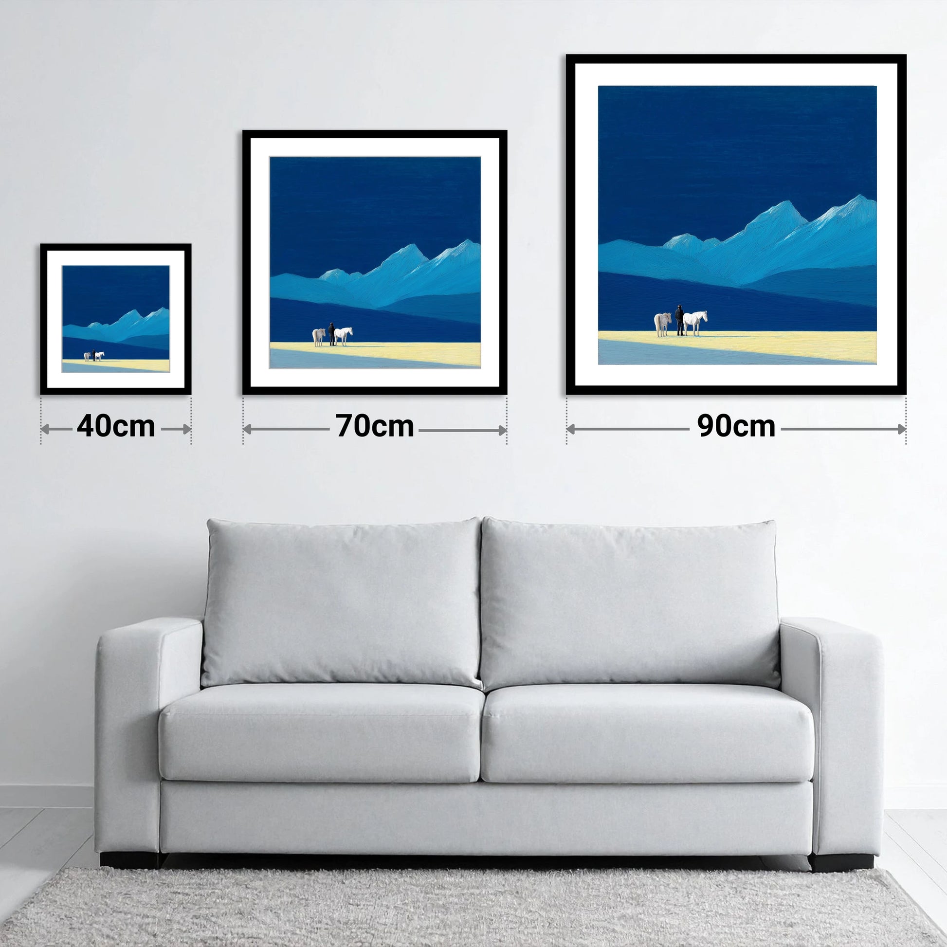 Azure Mountain Solitude - size guide showing 40cm, 70cm and 90cm art prints