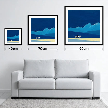 Azure Mountain Solitude - size guide showing 40cm, 70cm and 90cm art prints