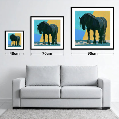 Heavy Horse Blue and Yellow - size guide showing 40cm, 70cm and 90cm art prints