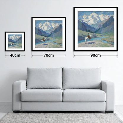 Into the High Country - size guide showing 40cm, 70cm and 90cm art prints