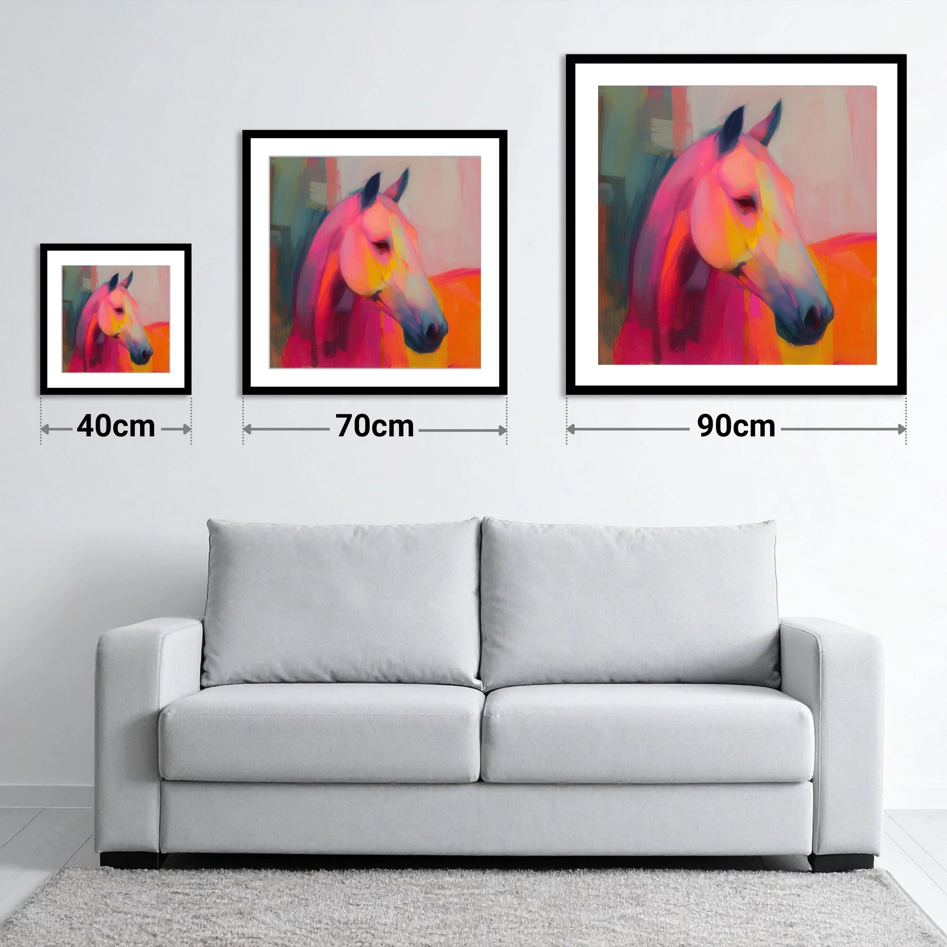 Radiant Equine Spirit - size guide showing 40cm, 70cm and 90cm art prints
