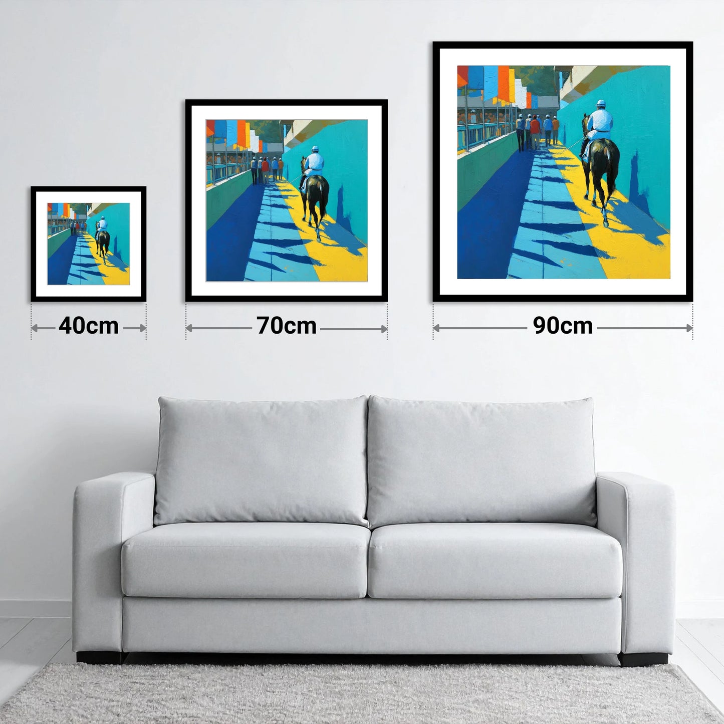 Walk to the Start - size guide showing 40cm, 70cm and 90cm art prints