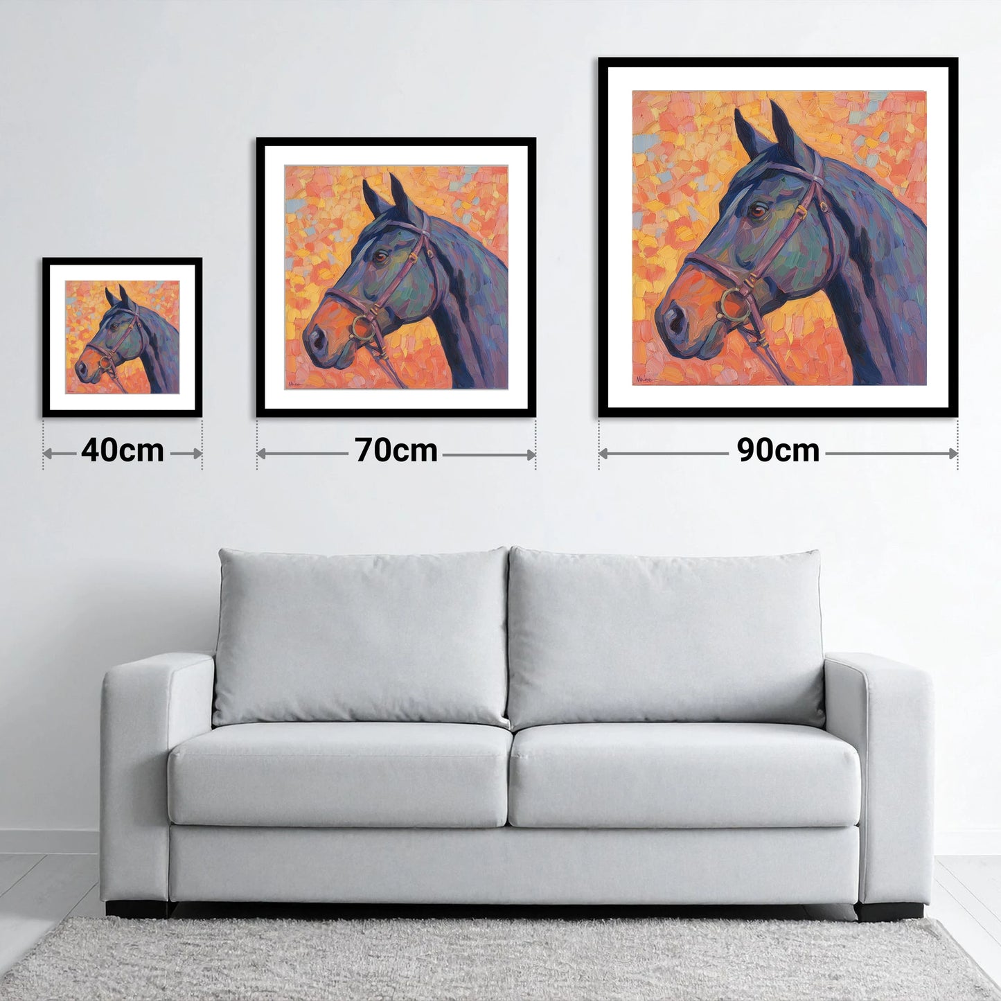 Radiant Equine Profile - size guide showing 40cm, 70cm and 90cm art prints