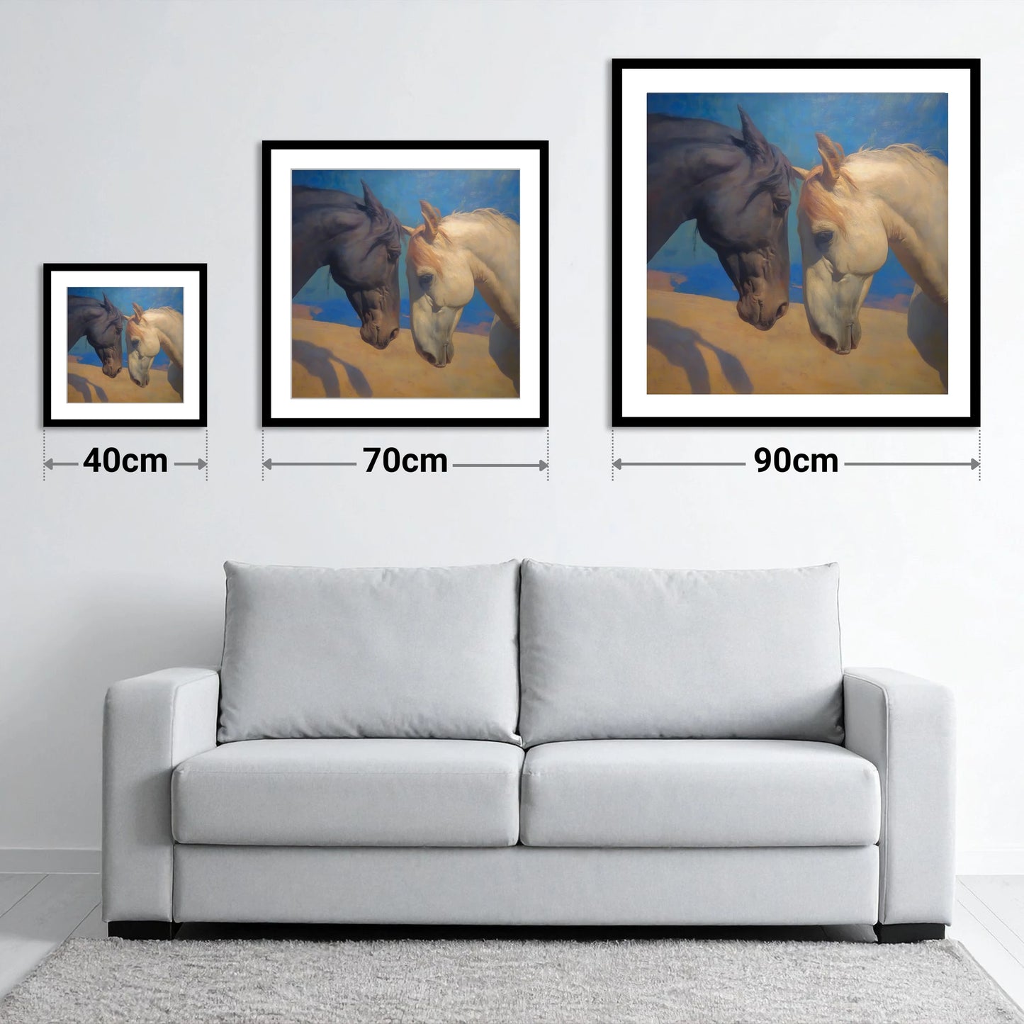 Kindred Spirits - size guide showing 40cm, 70cm and 90cm art prints