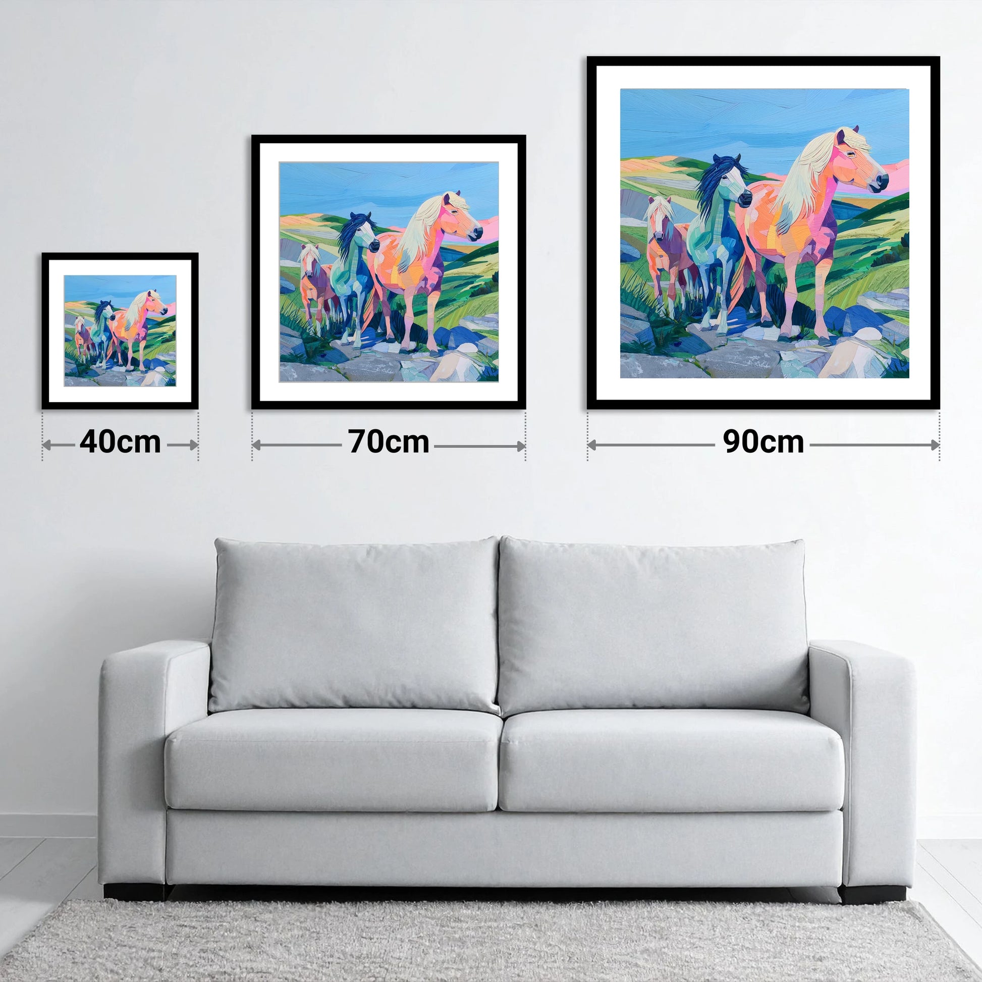 Vivid Moorland Herd - size guide showing 40cm, 70cm and 90cm art prints