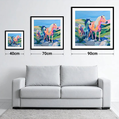 Vivid Moorland Herd - size guide showing 40cm, 70cm and 90cm art prints