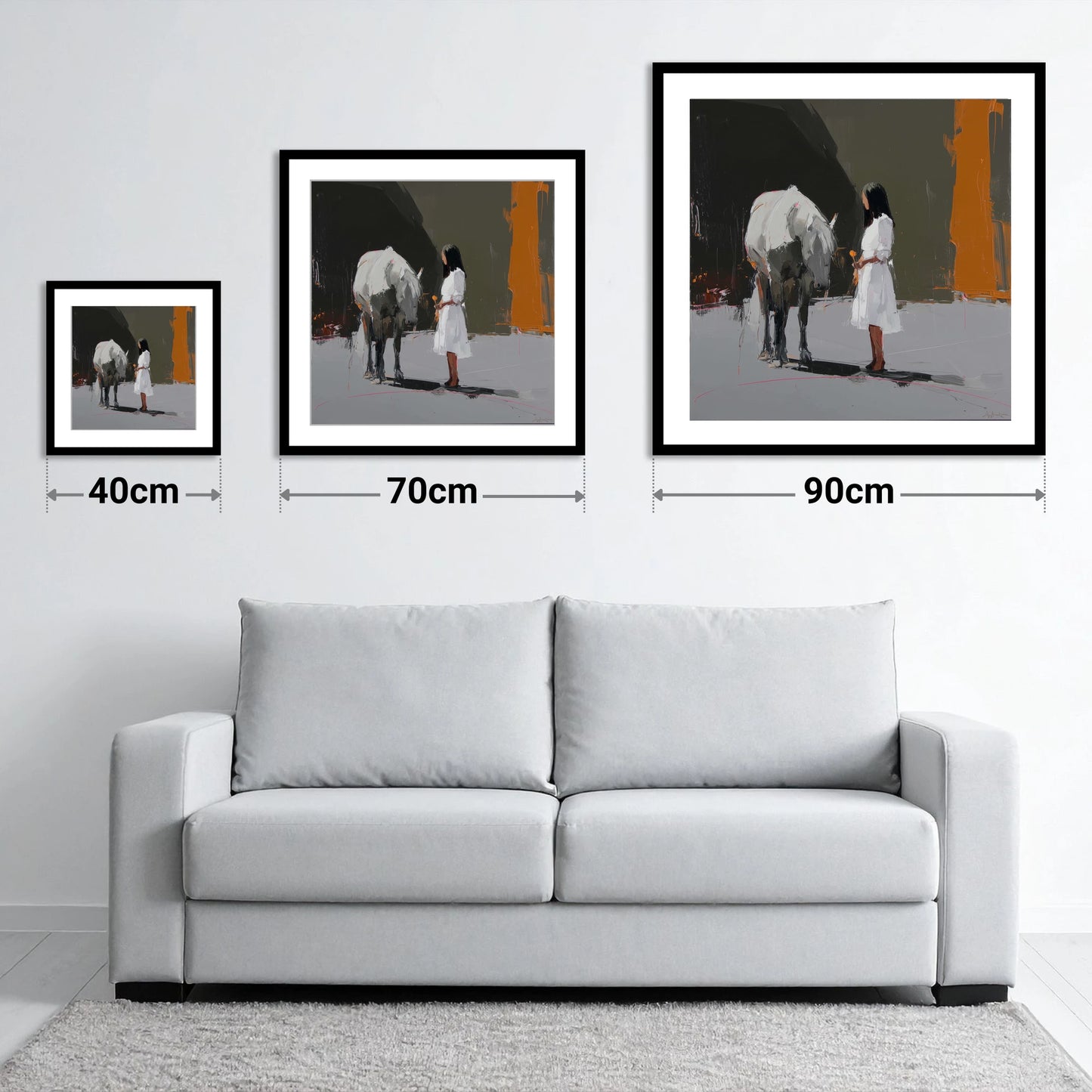 Silent Dialogue - size guide showing 40cm, 70cm and 90cm art prints