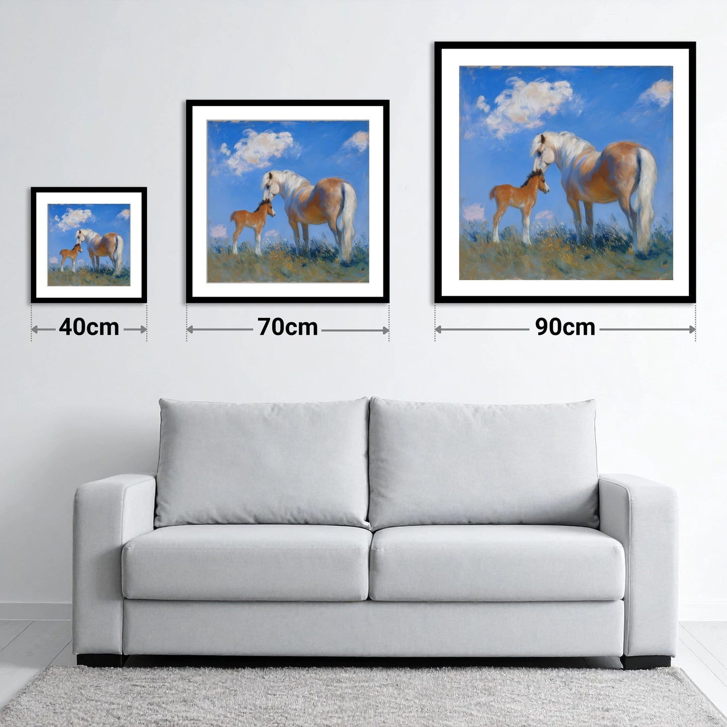 Golden Summer Bonding - size guide showing 40cm, 70cm and 90cm art prints